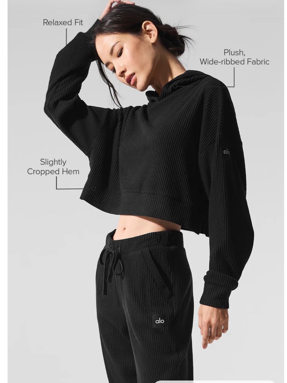 ALO Yoga muse Black Ribbed Cropped Hoodie and pants